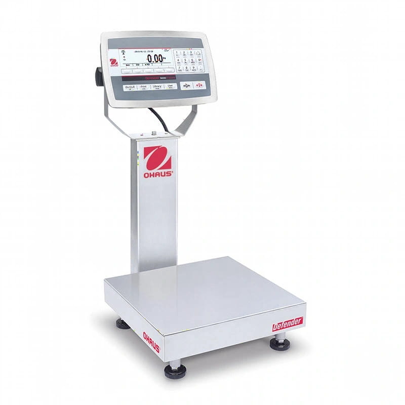Silver ohaus defender digital platform scale with a sleek, rectangular weighing surface and an integrated display panel