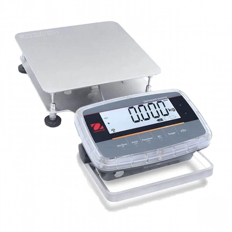 Silver digital platform scale with a clear protective cover over the display and control panel