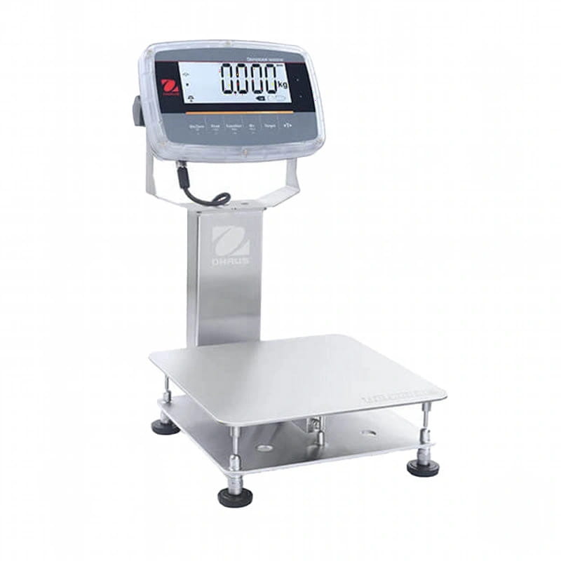Stainless steel digital platform scale with a clear display and black rubber feet