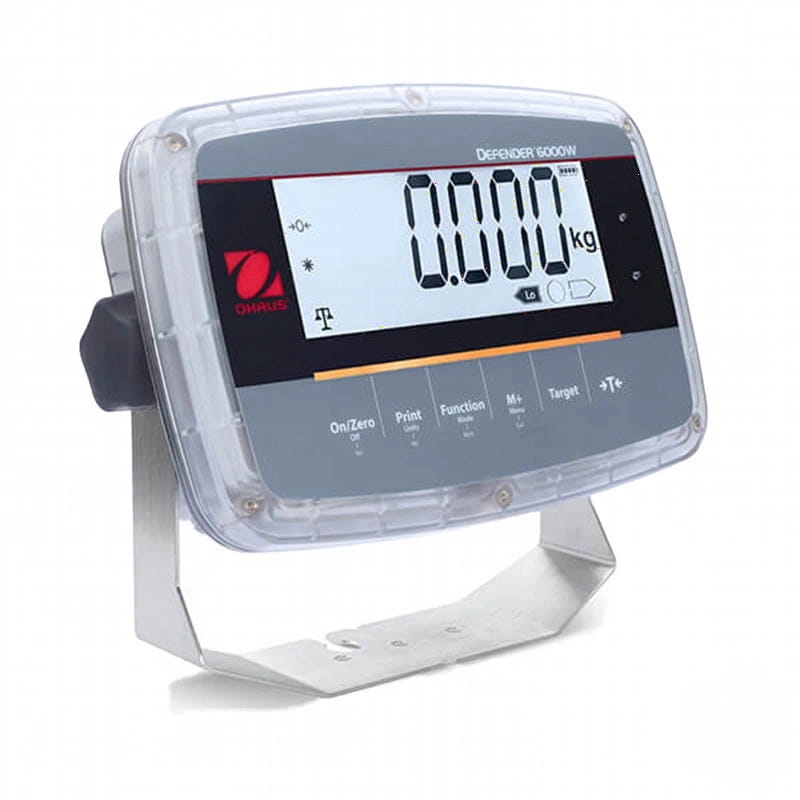 Gray and black digital industrial scale with transparent protective casing, branded as ’defender 6000w’ by omnis