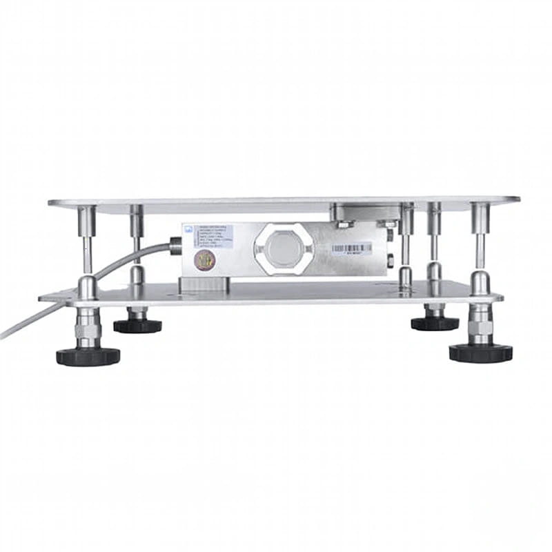 Silver metallic platform scale with black adjustable feet and a central load cell housing