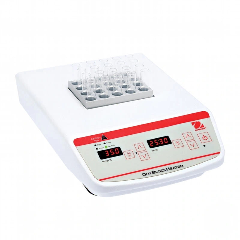 White and red digital dry block heater with a silver tray holding clear test tubes