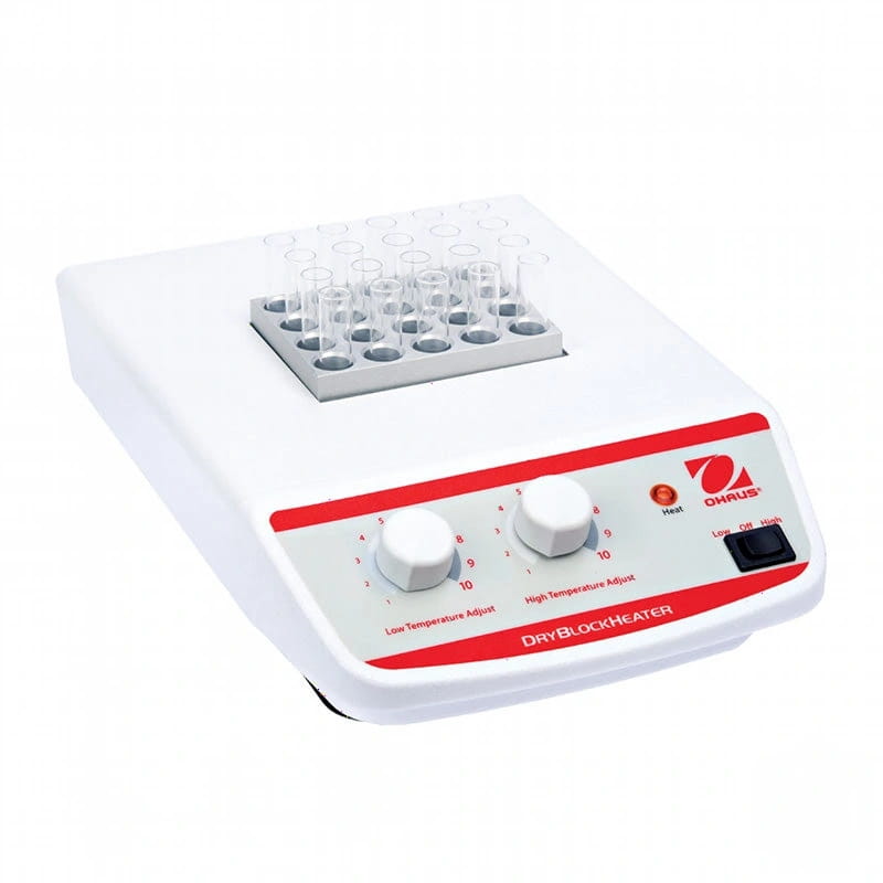 White ohaus dryblockheater with red control panel and silver tray holding clear test tubes