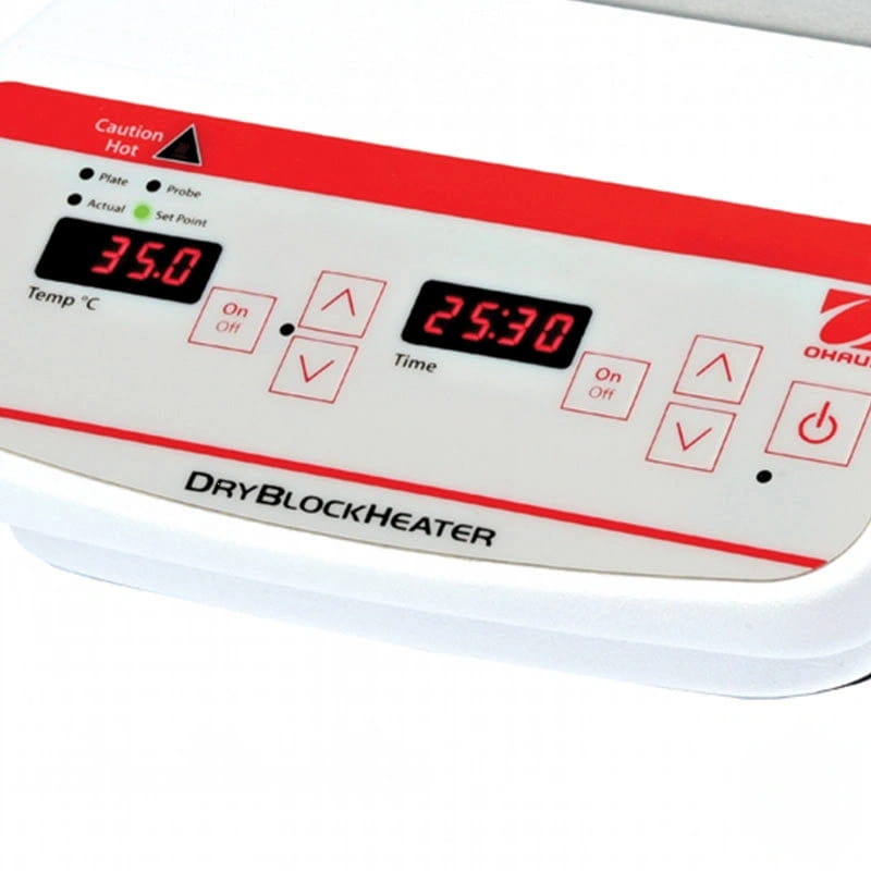White ohaus dryblockheater with red digital display showing temperature and time, featuring control buttons for adjustment