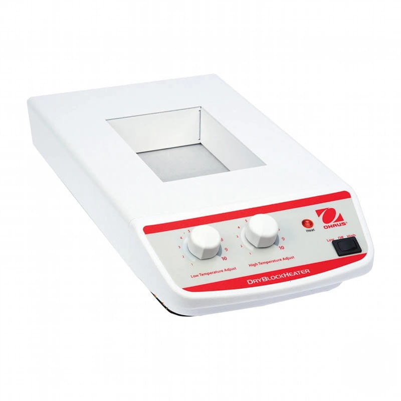 White ohaus dryblockheater with red control panel and two temperature adjustment knobs