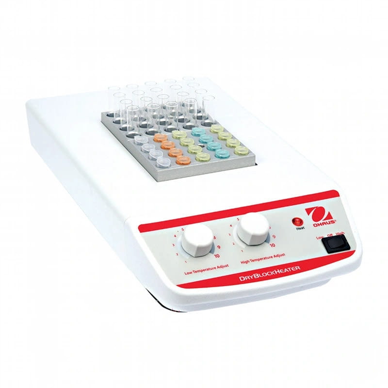 White and red ohaus dryblockheater with a silver tray holding clear test tubes