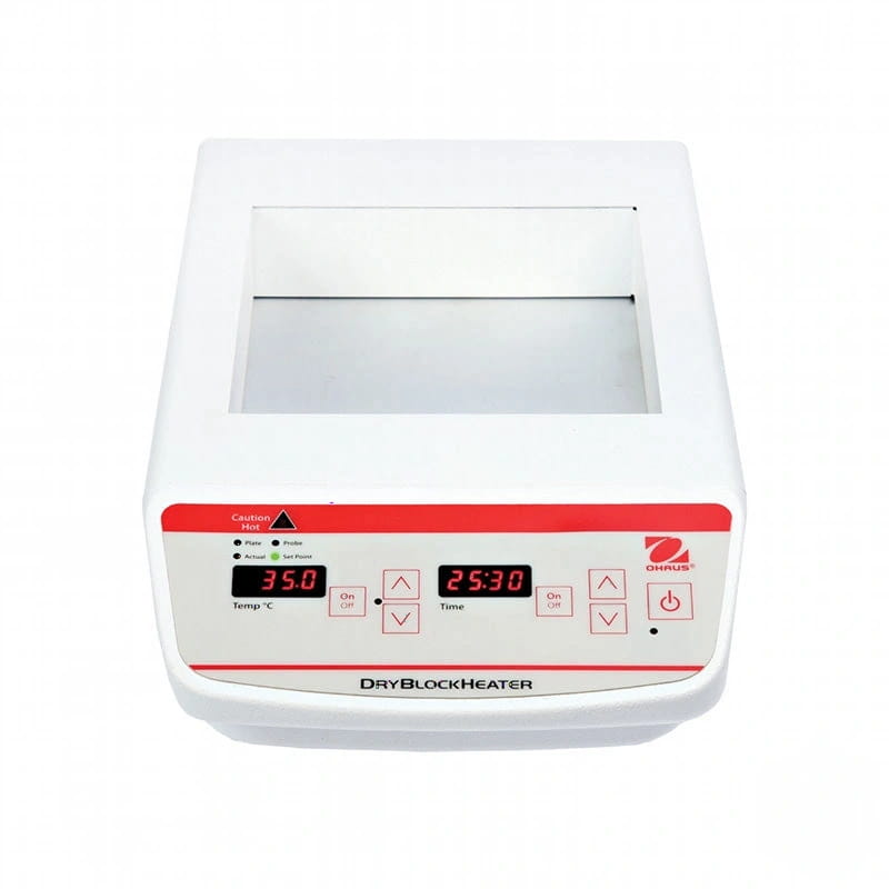 White ohaus dryblockheater with red control panel displaying temperature and time settings