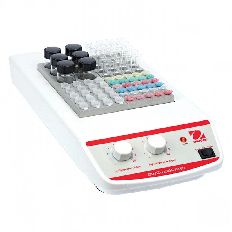 White ohara dryblockheater with a gray tray holding test tubes and vials of various colors