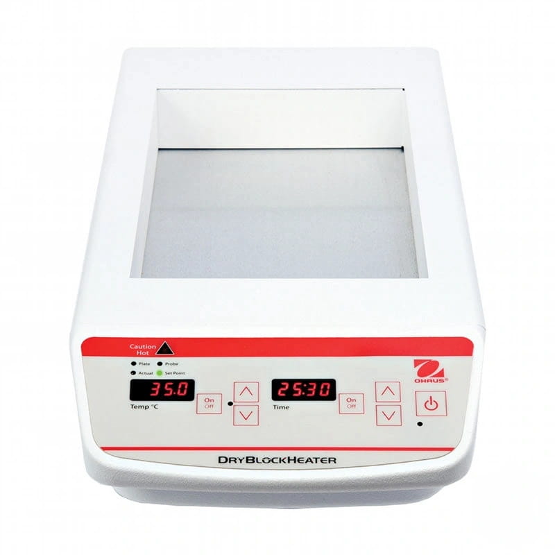 White ohaus dryblockheater with red digital display showing temperature and time, featuring a rectangular heating chamber