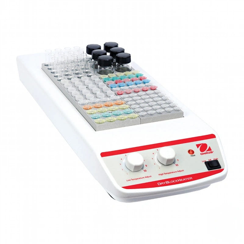 White ohrus dryblockheater with a silver tray holding colorful test tubes and vials