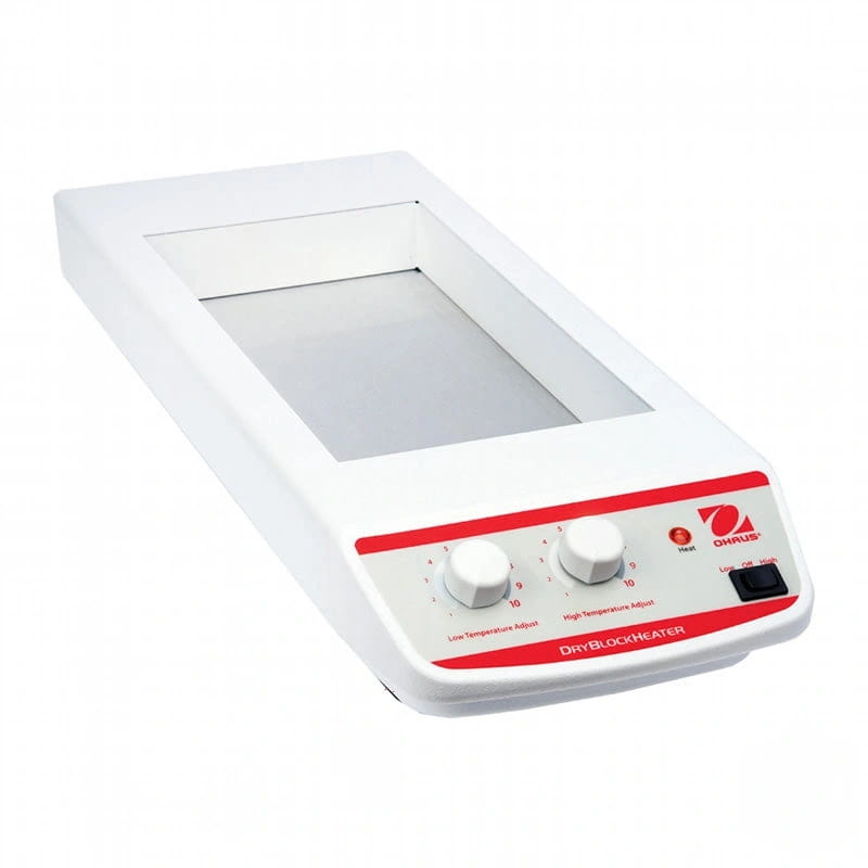 White plastic dry block heater with red control panel and two white knobs for temperature adjustment