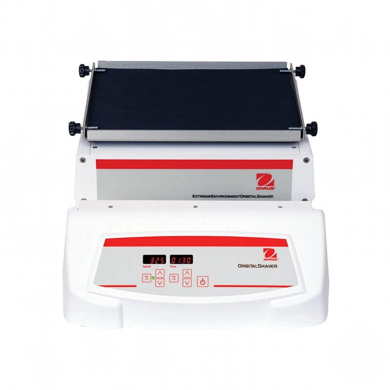 White and red ohrus extreme environment orbital shaker with a black platform
