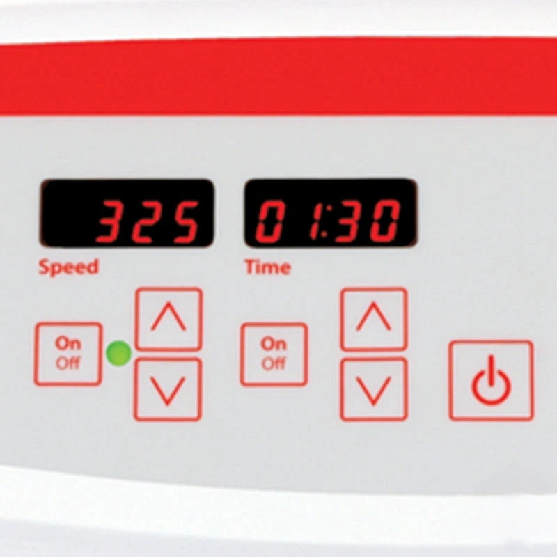 White and red digital control panel of a kitchen appliance displaying speed 325 and time 1:30 with illuminated buttons