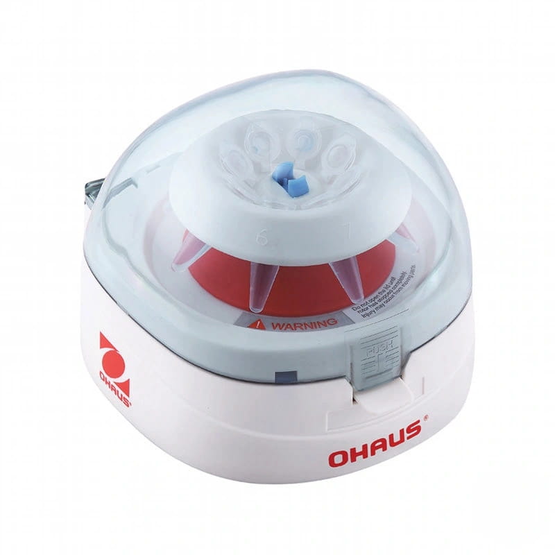 White and red ohaus centrifuge with a clear plastic lid