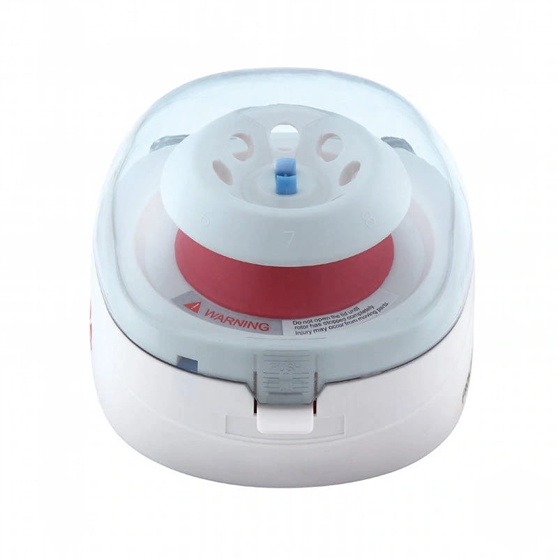 White and red laboratory centrifuge with a clear plastic lid