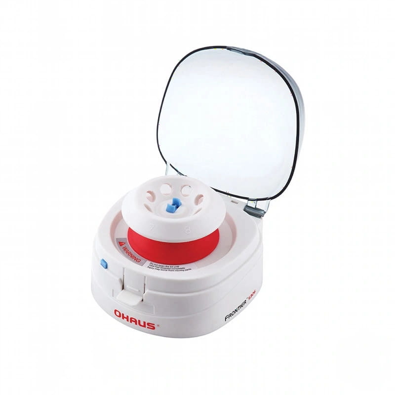 White ohaus frontier 500 centrifuge with a transparent lid and red interior chamber