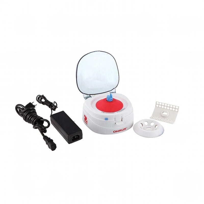 White and red ohaus laboratory centrifuge with transparent lid, featuring a circular rotor chamber