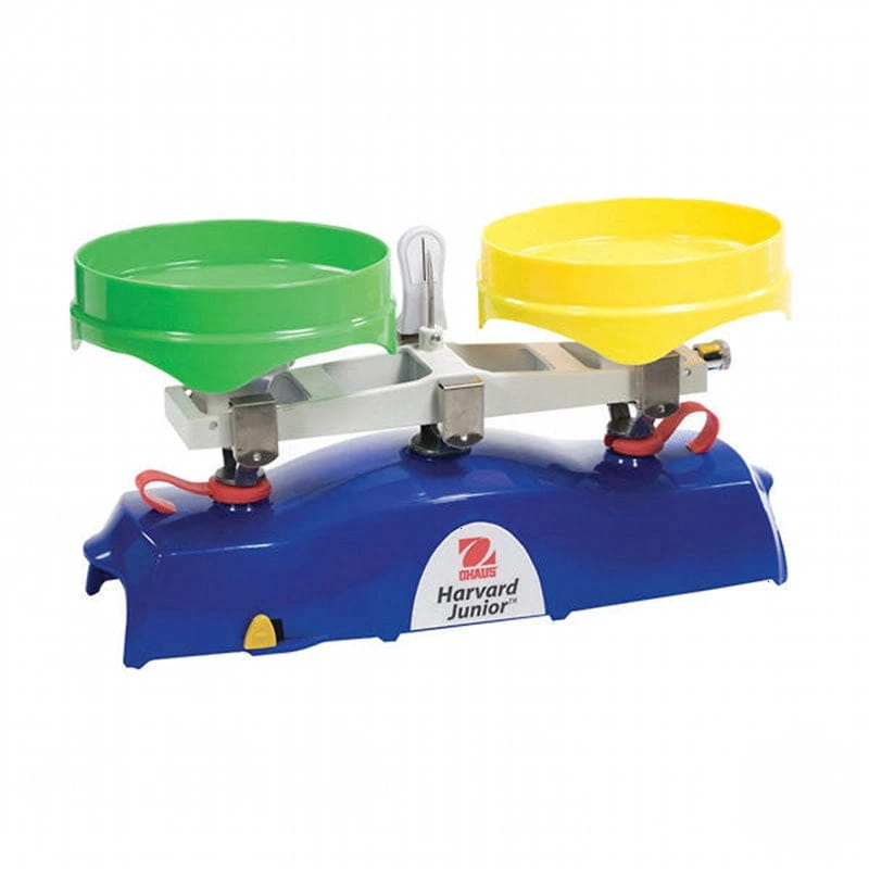 Blue plastic base with green and yellow circular weighing pans, featuring a silver metal beam and red adjustment straps