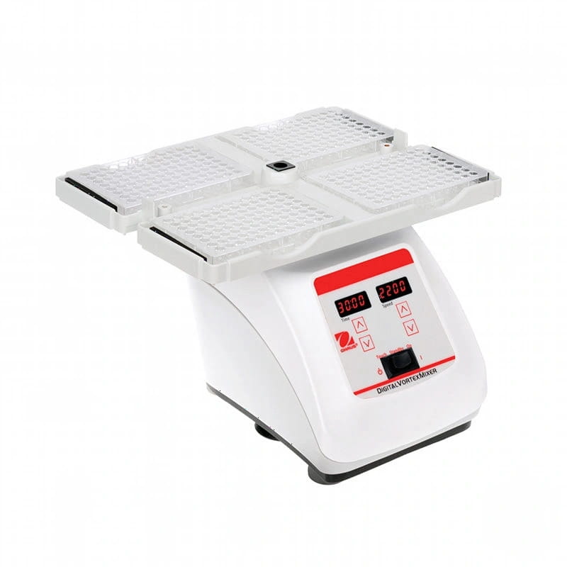 White digital vortex mixer with red control panel and transparent sample trays