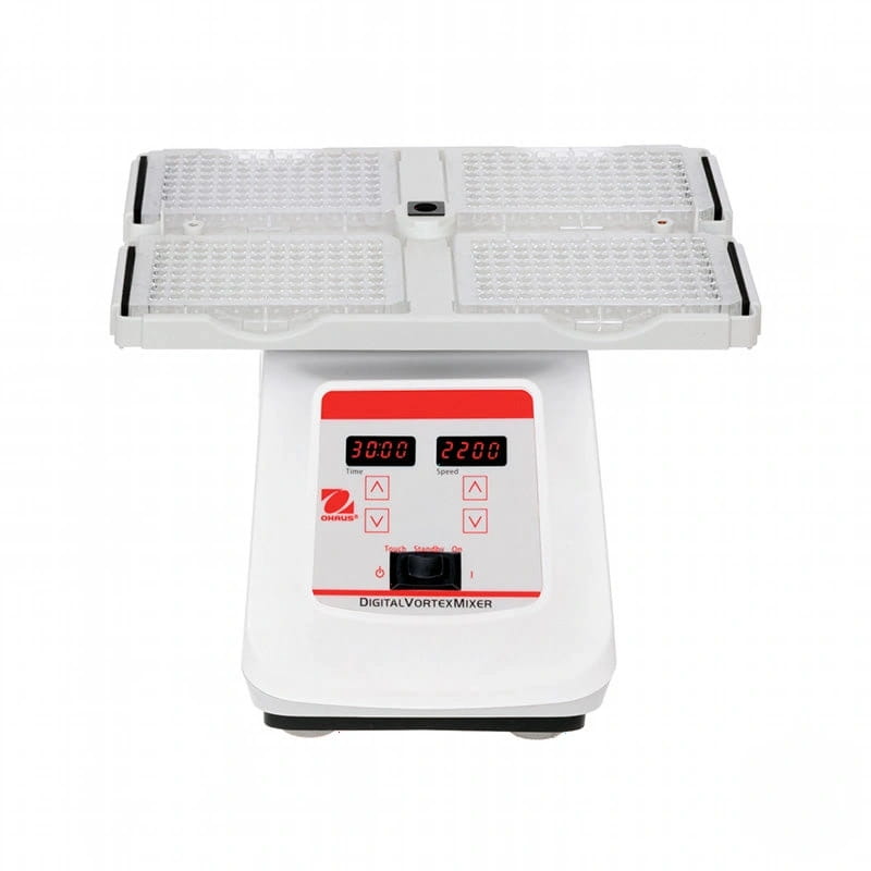White omnis digital vortex mixer with red digital display and control panel