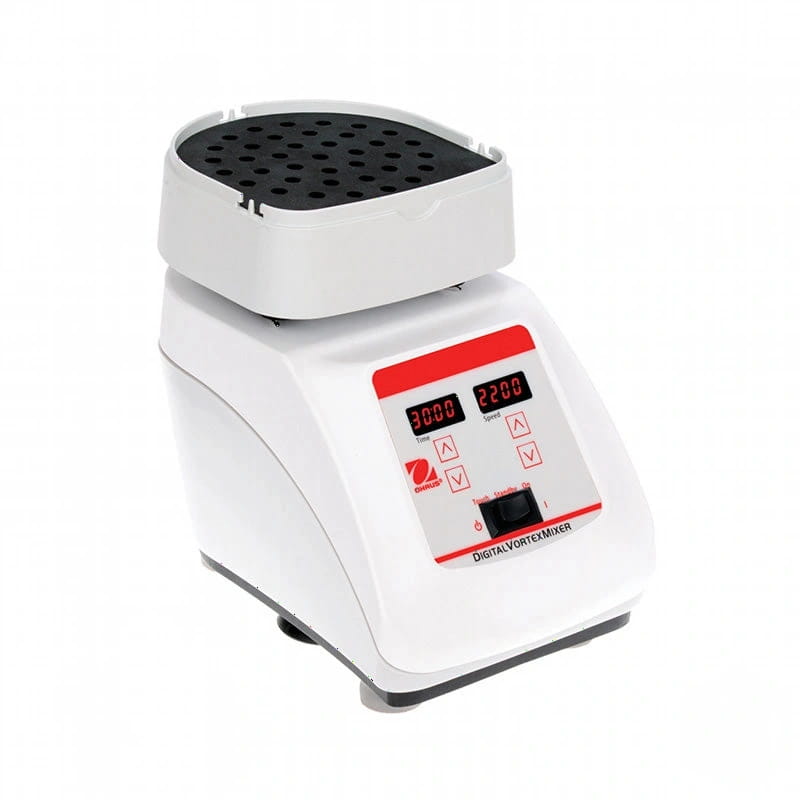 White digital vortex mixer with red control panel and black perforated top plate