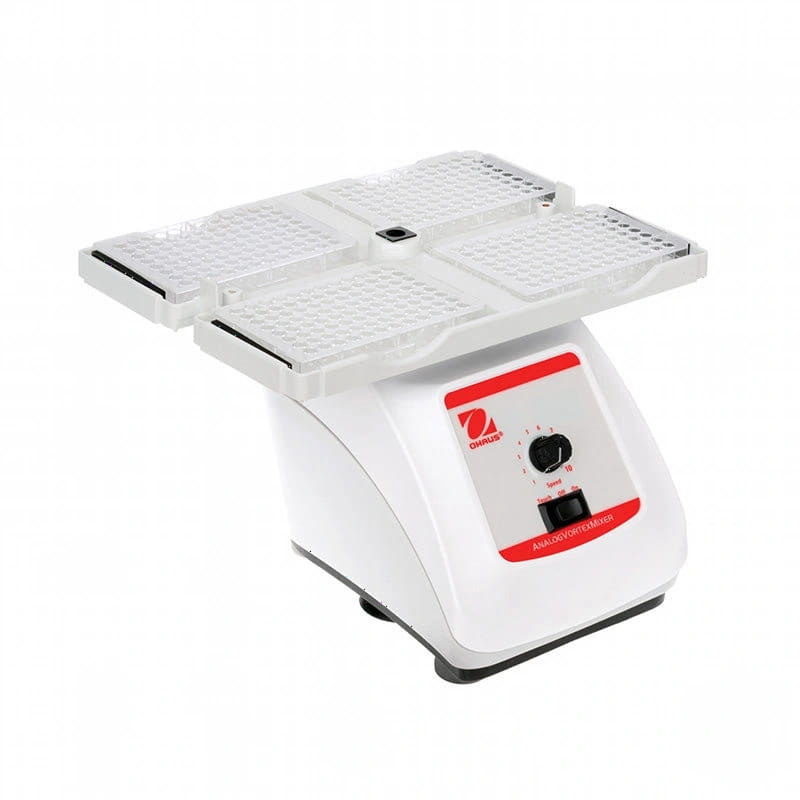 White and red qharus analog vortex mixer with transparent, grid-patterned trays