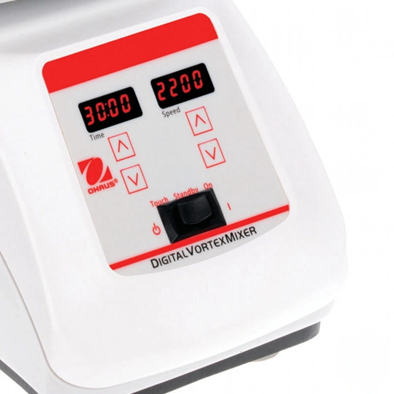 White digital vortex mixer with red accents and a control panel displaying time and speed settings
