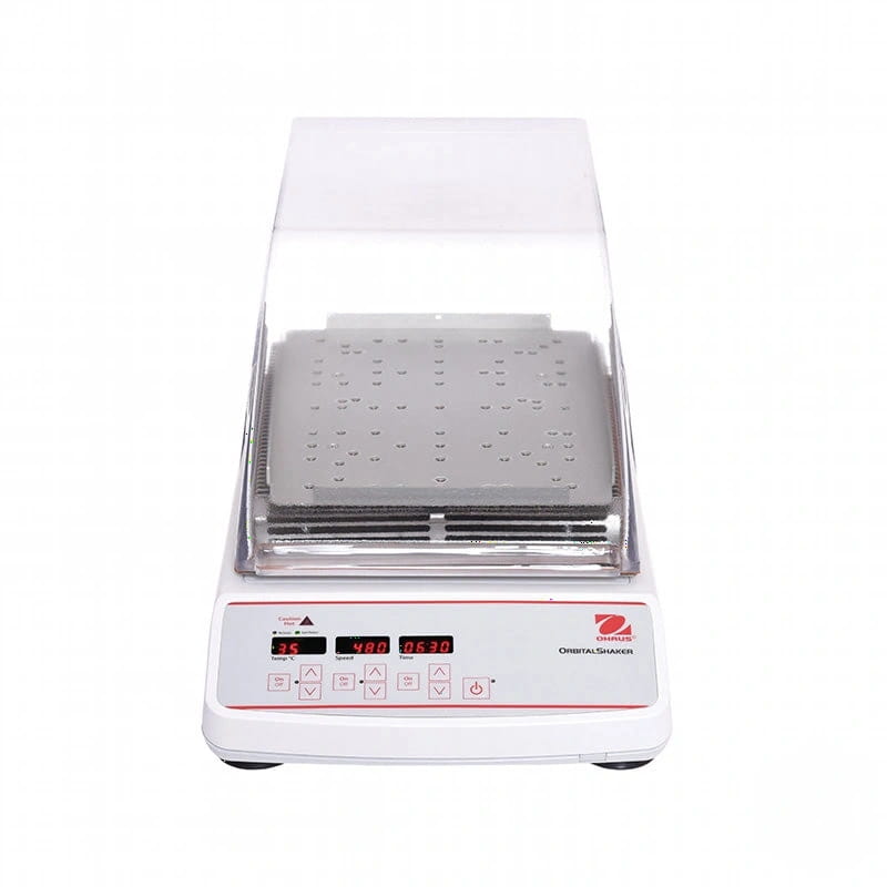 White and red digital orbital shaker with a transparent lid, silver perforated shaking plate, and control panel displaying temperature and time settings