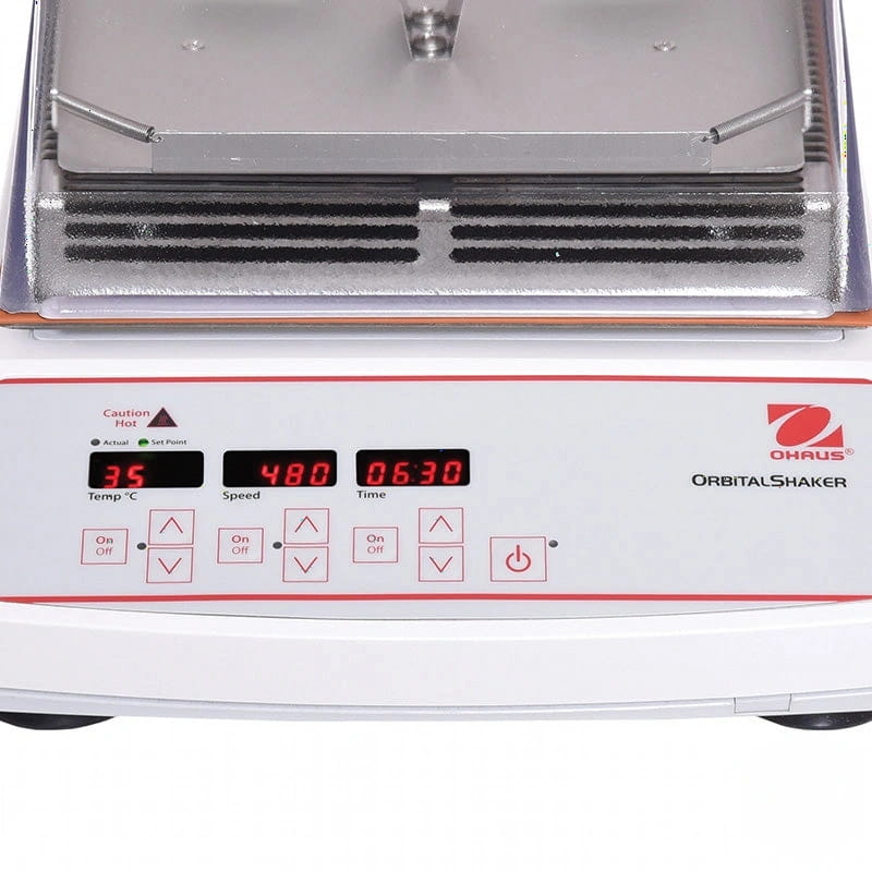 White and red ohaus orbital shaker with digital display showing temperature, speed, and time settings