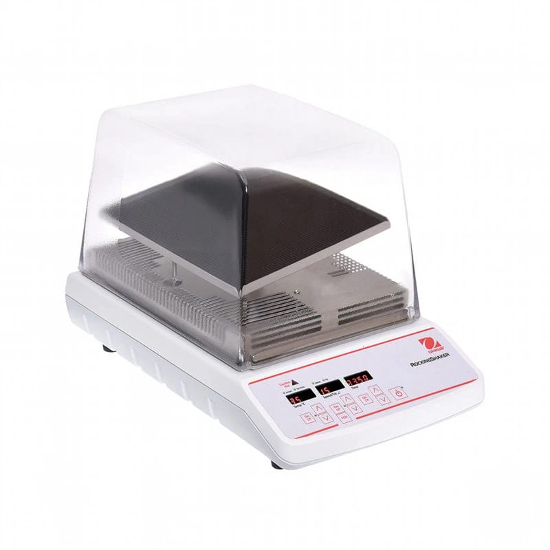 White laboratory hot plate with a transparent dome cover and digital display panel