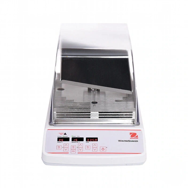 White and silver lab-grade wavingshaker with digital display showing temperature, speed, and time settings