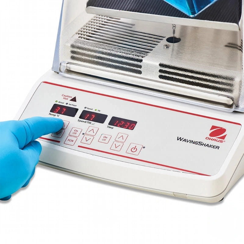 White and red digital control panel of an ohrus wavingshaker laboratory device