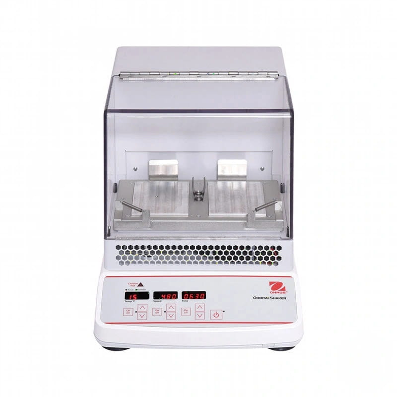 White and red orbital shaker with a transparent lid, metallic interior platform, and digital display showing settings