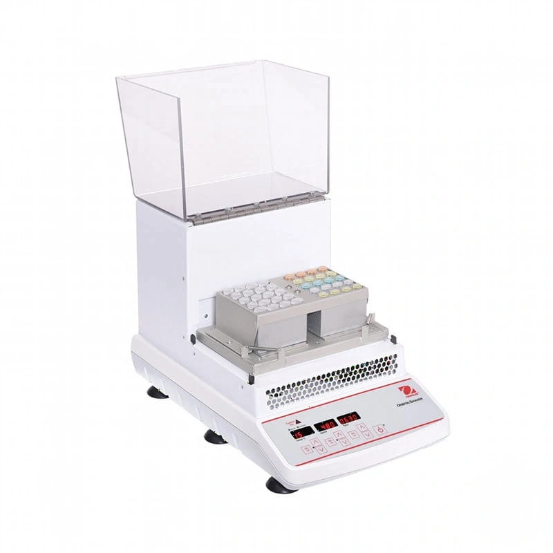 White laboratory-grade vortex mixer with transparent acrylic lid and digital control panel