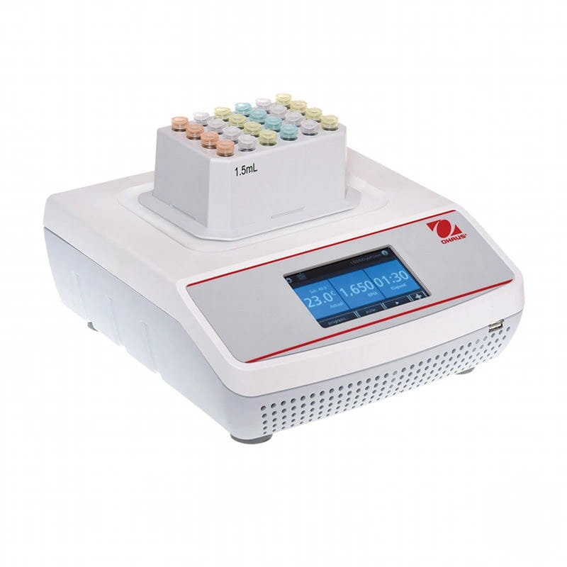 White omru lab equipment with a digital display and multiple colored 1.5ml vials arranged in its top rack