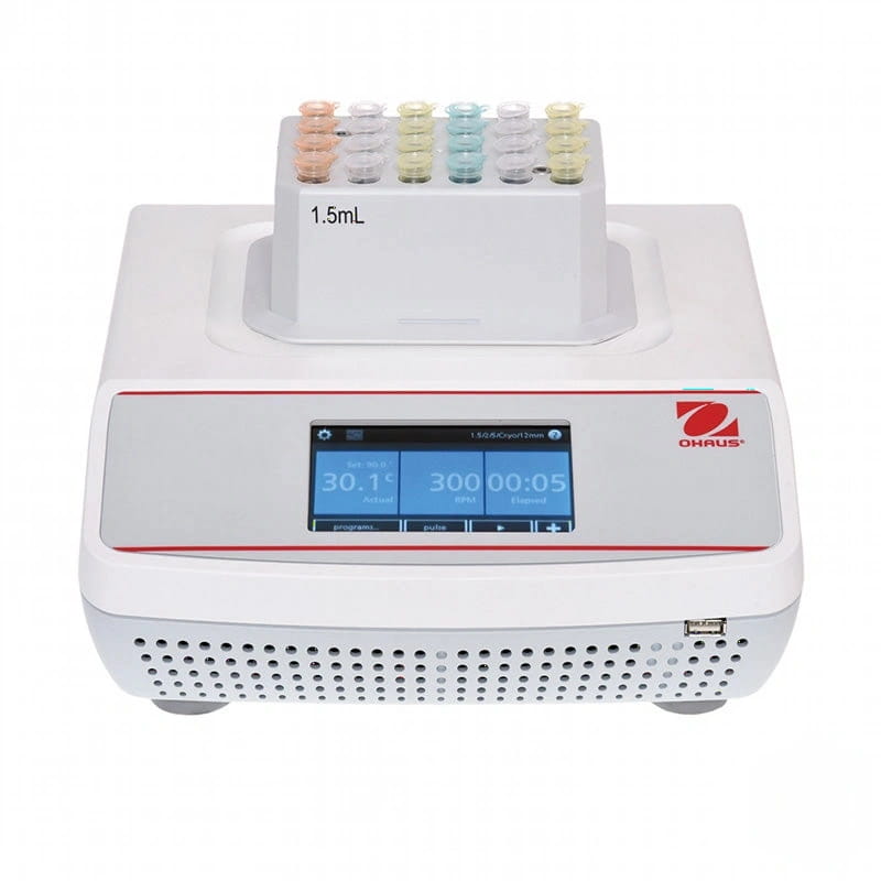 White ohaus laboratory centrifuge with a digital display showing settings and holding multiple 1.5ml test tubes in colorful caps