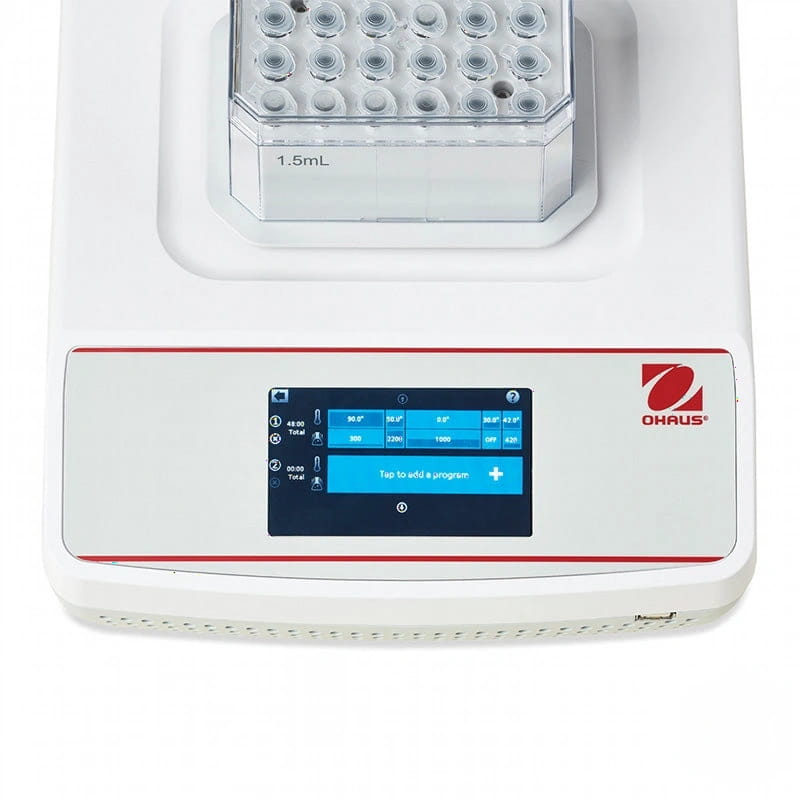 White ohaus laboratory centrifuge with a clear 1.5ml sample tray and digital touchscreen display
