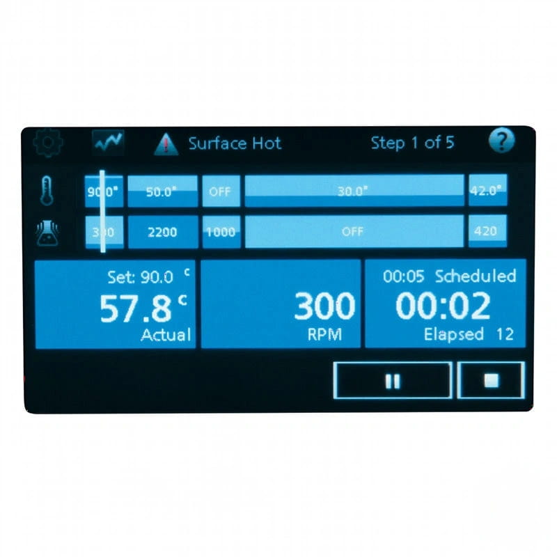 Blue digital control panel displaying temperature, rpm, and timer settings for a precision industrial machine