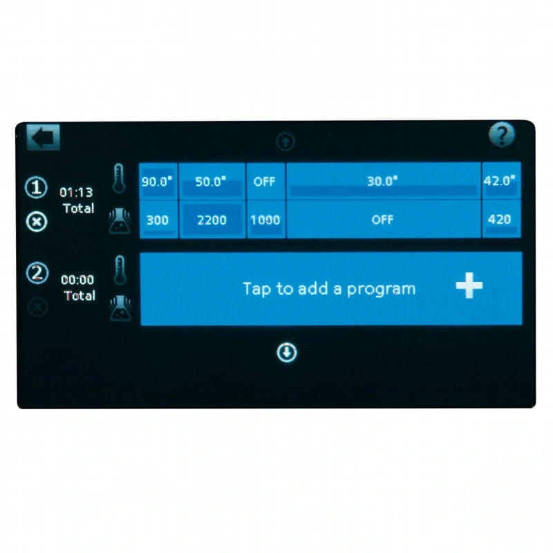 Black touchscreen display showing a blue interface with temperature and time settings for two programs