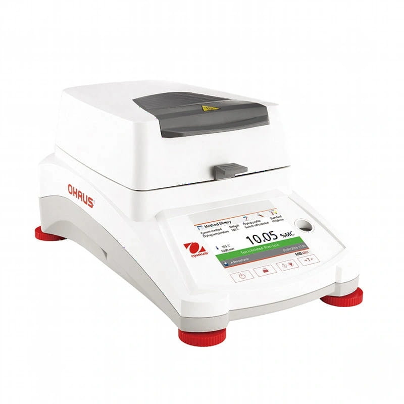 White and red ohaus md 205 laboratory balance with a digital display showing weight readings