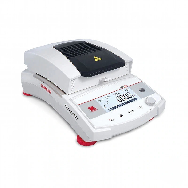 White ohaus mb20 laboratory balance with a black heating plate and red feet