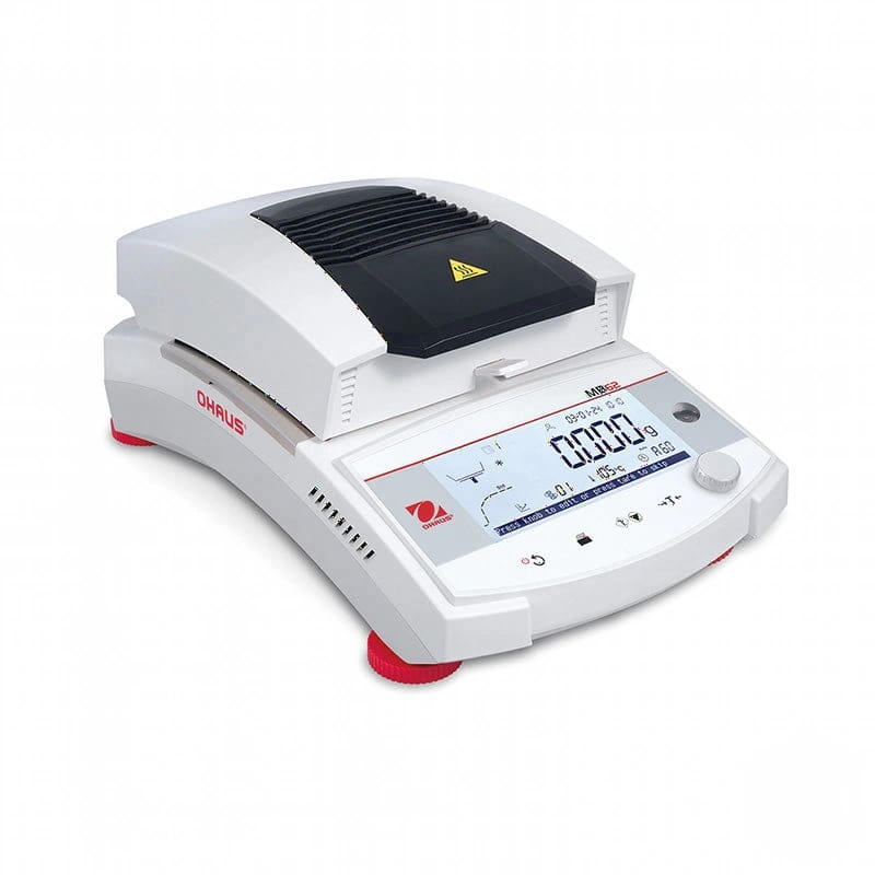 White ohaus mb25 laboratory balance with a black heating plate and red feet