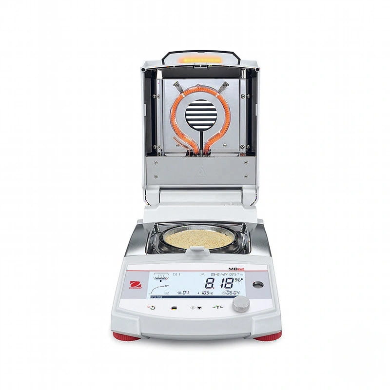 Silver and white laboratory-grade moisture analyzer with a digital display showing 8.18% humidity, featuring an orange heating element inside its open chamber above the sample tray