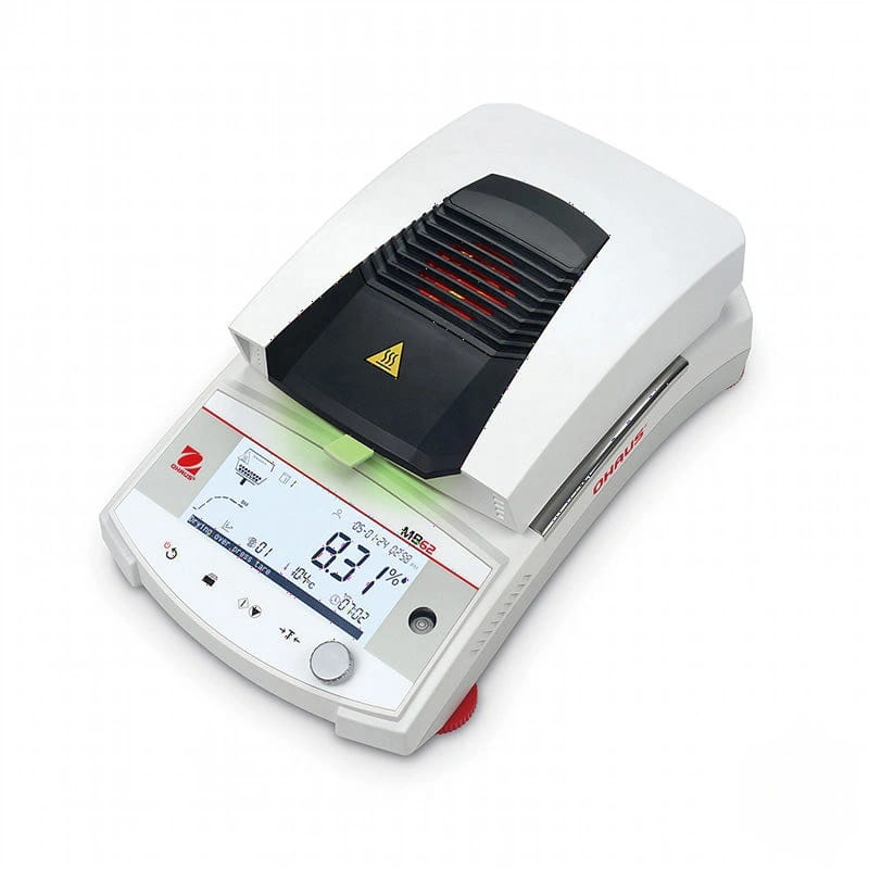 White and red analytical balance with digital display showing moisture content reading