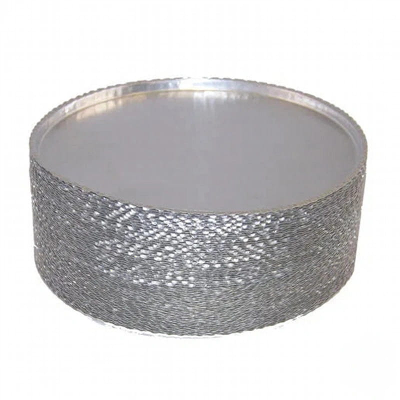 Silver mesh cylindrical container with a smooth, reflective top surface