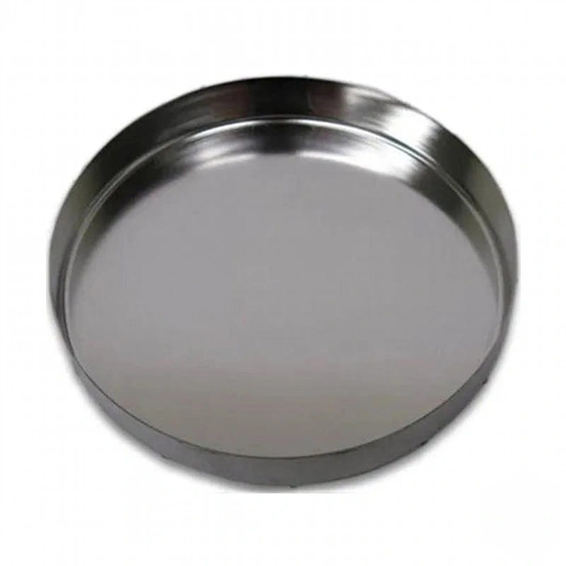 Shiny silver stainless steel round tray with a smooth, reflective surface and slightly raised rim