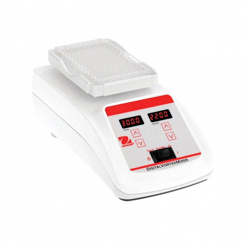 White omnis digital vortex mixer with red digital display and control buttons, featuring a clear plastic sample tray on top