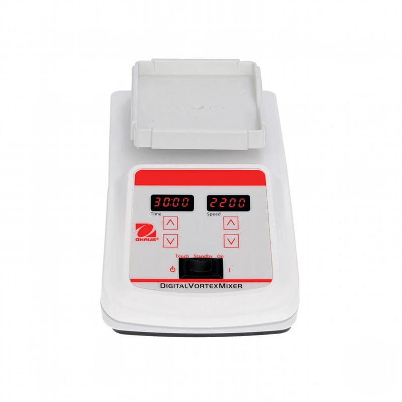 White and red digital vortex mixer with a rectangular sample tray on top, featuring led displays for time and speed