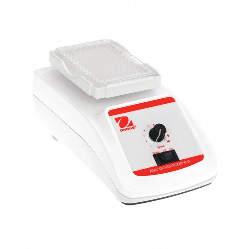 White ohaus analog vortex mixer with red control panel and transparent lid