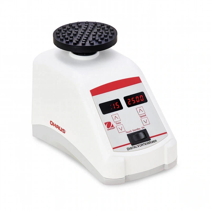 White ohaus digital vortex mixer with black textured top and red digital display showing settings